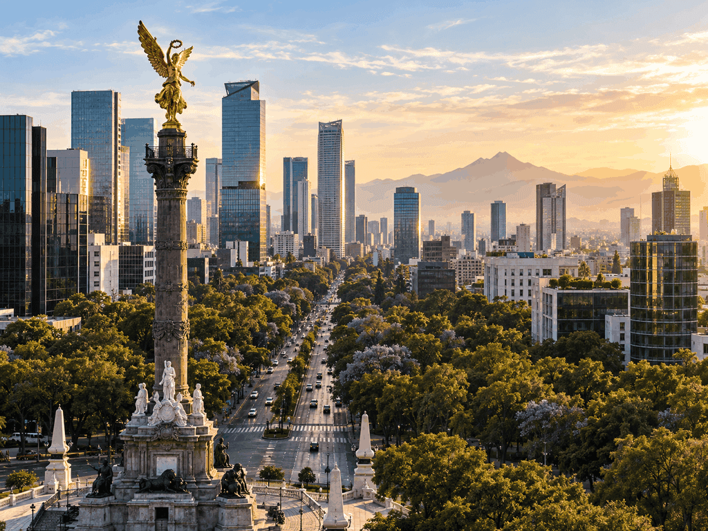 Vista urbana de Ciudad de México con el Ángel de la Independencia
